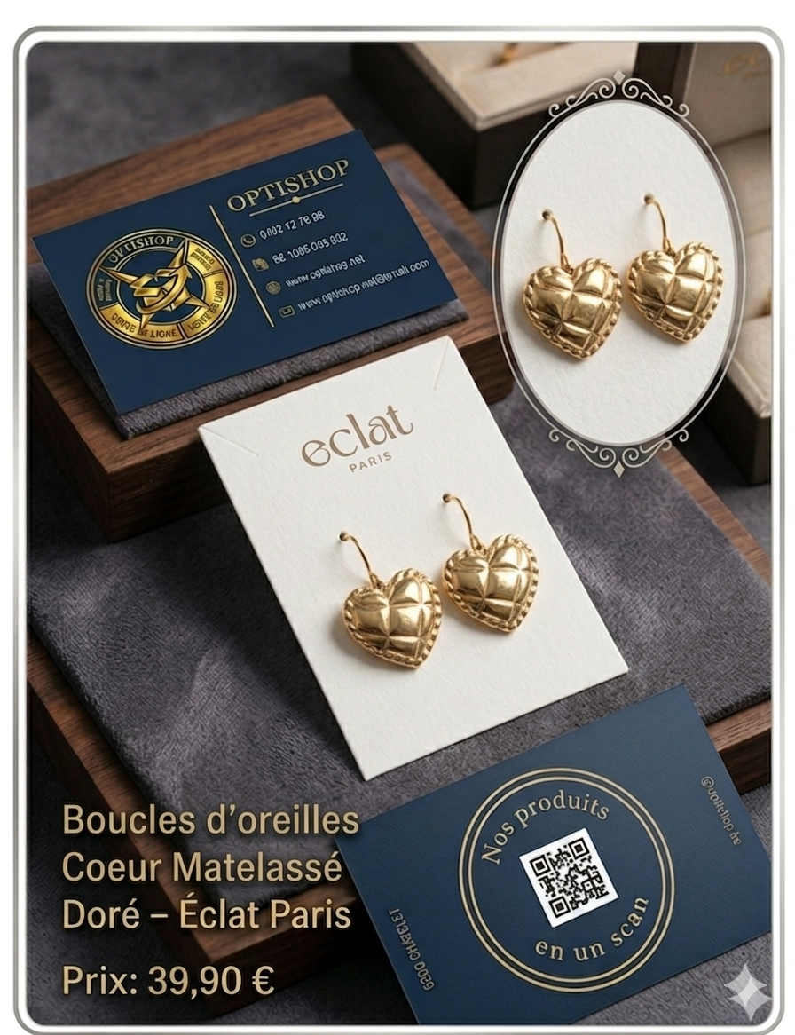 Boucles d'Oreilles "Cœur Matelassé" Dorées – Éclat Paris
