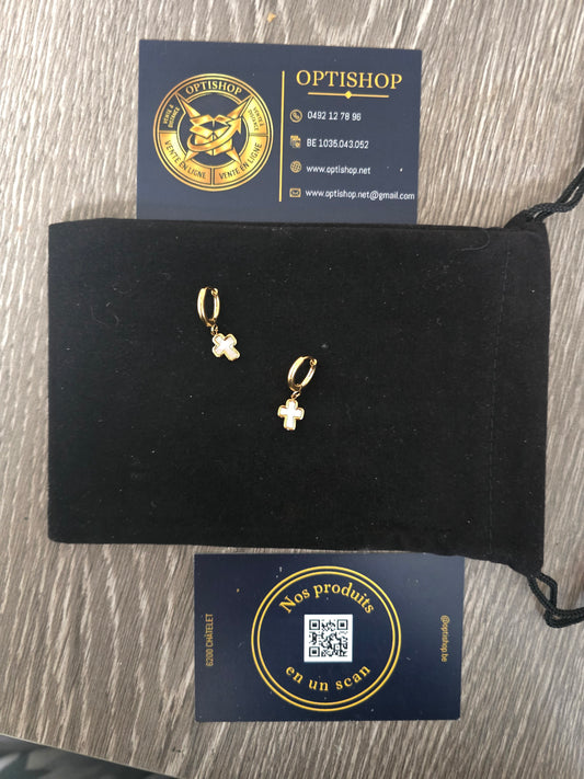 Boucles d'oreilles Mini-Créoles Croix Nacre